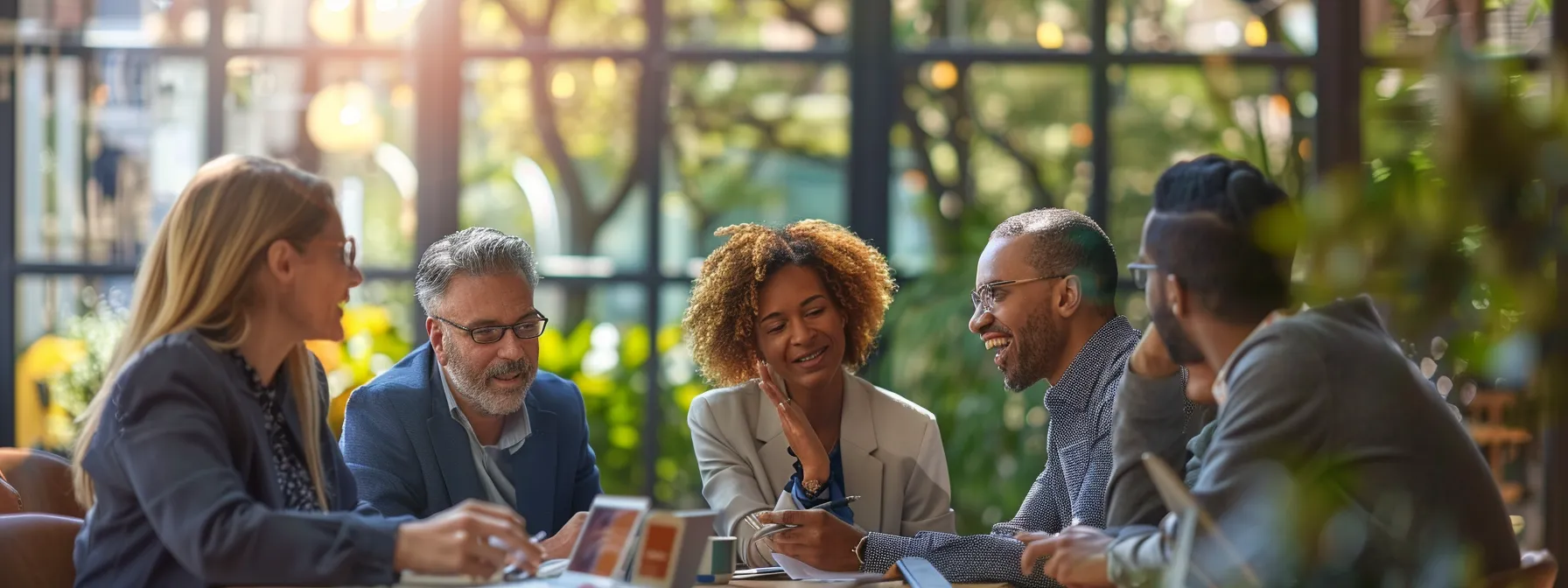 A team meets to collaborate using their devices connected to a knowledge management system
