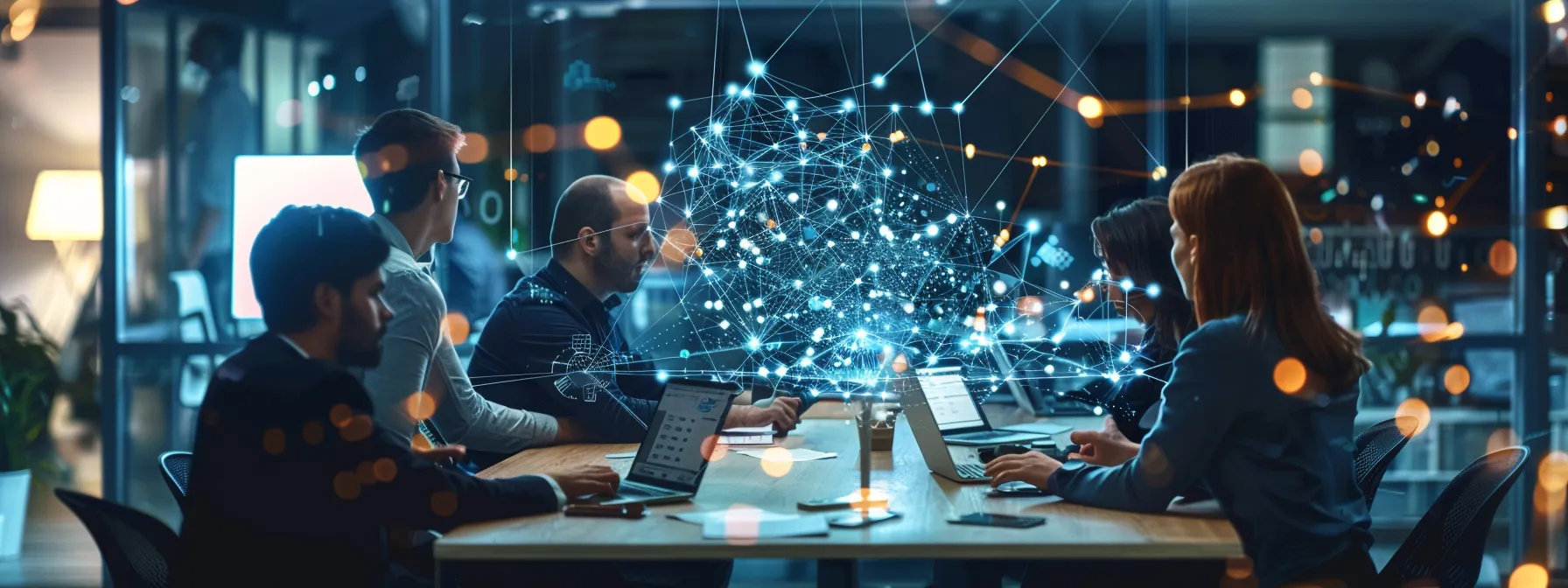 A team works with a stylized digital hologram that symbolizes a knowledge management system